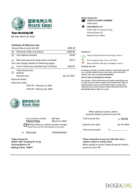 Facture de services publics d'électricité de la China State Grid Corporation de Chine aux formats Word et PDF